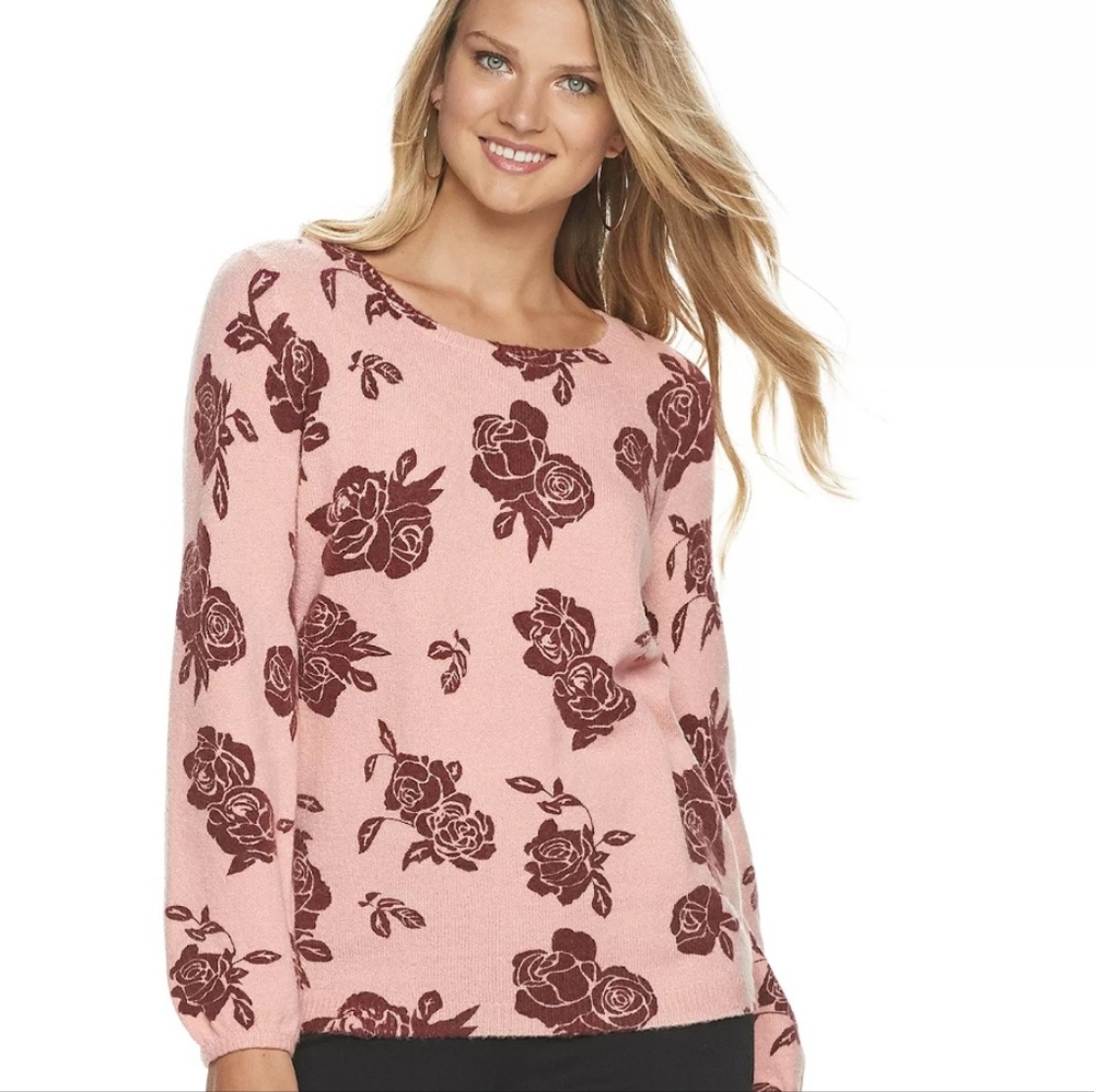 Elle Floral Rose Pullover Sweater Scoop Neck Ladies XXL 2X Plus